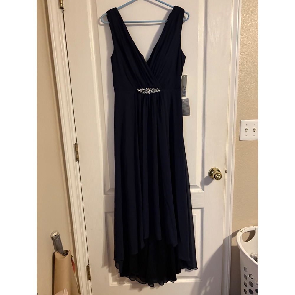 Eliza J Gown Women 6 Navy New Rhinestone V-Neck High-Low Chiffon EJ9M0866-NVY